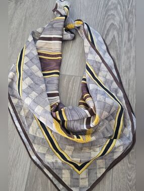 Silk Anne Klein for Vera Scarf Large 31" Vintage Gray Yellow Geometric MCM Retro